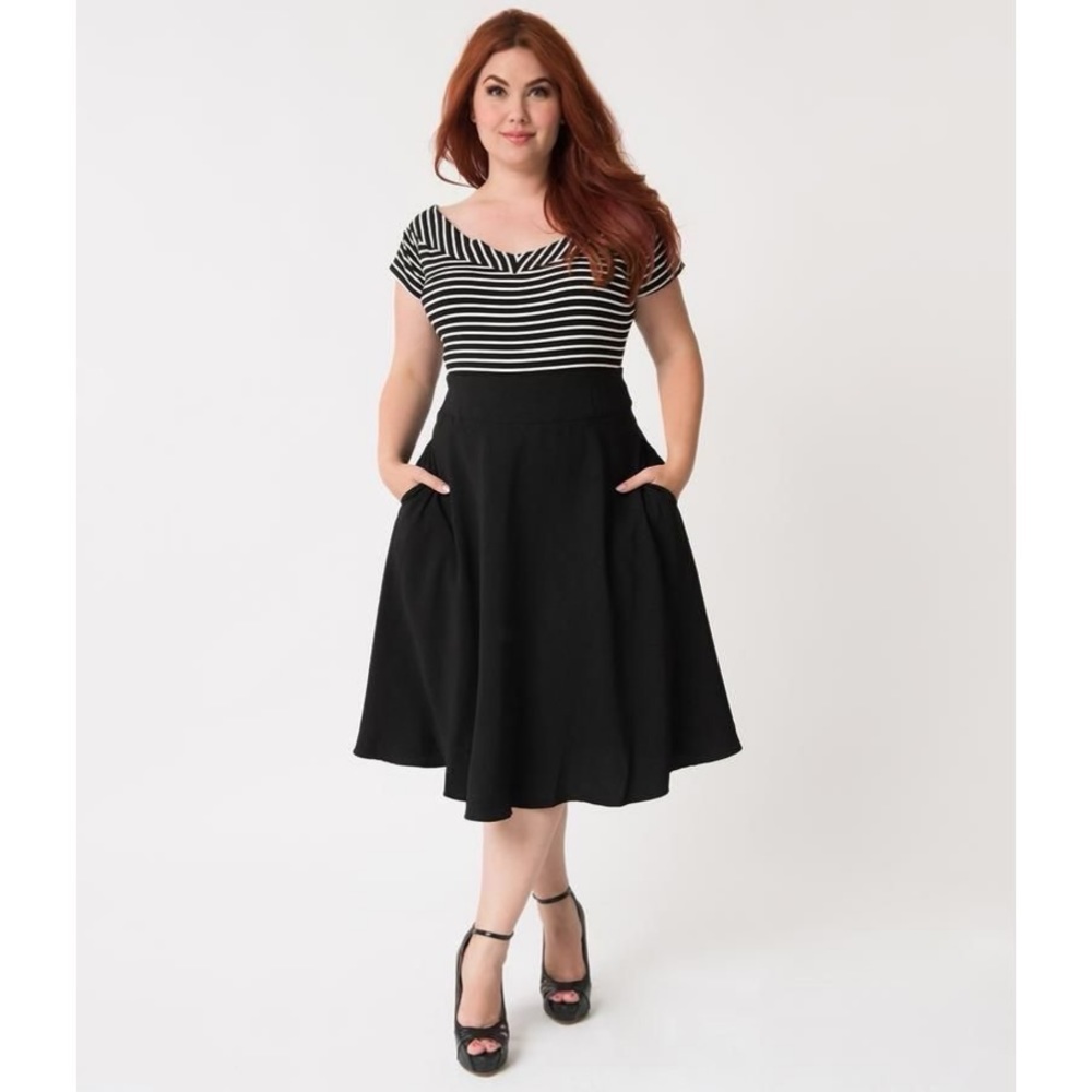 Unique Vintage Retro High Waist Vivien Swing Skirt in Black